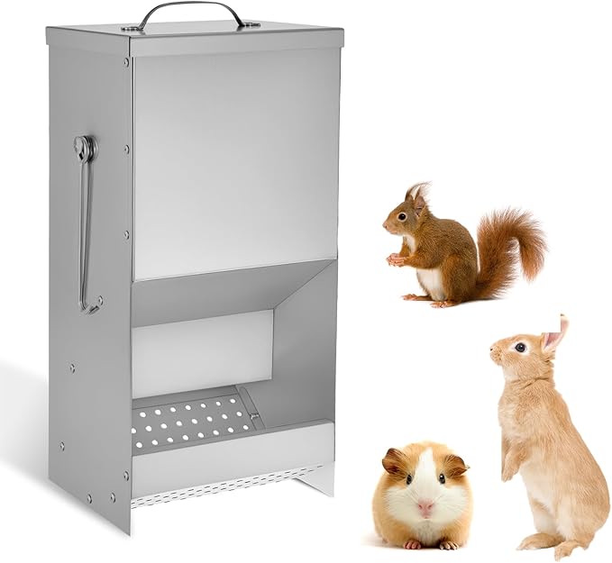 Rabbit Feeders Automatic for Cages,5 Pound Large Metal Trough Feeder with Lid Galvanized Steel Outdoor Bunny Food Dispenser for Rabbits Chicken Guinea Pig Pet and Other Small Animals