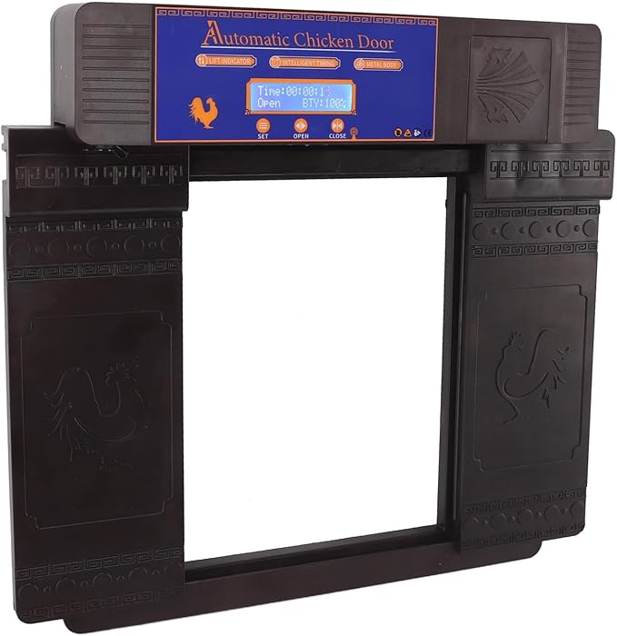 Automatic Chicken Coop Door Opener, Intelligent Double Open Timer LED Display with Solar Battery Power and Anti Pinch Function, for Chickens Ducks Geese Poultry (Dark Brown)