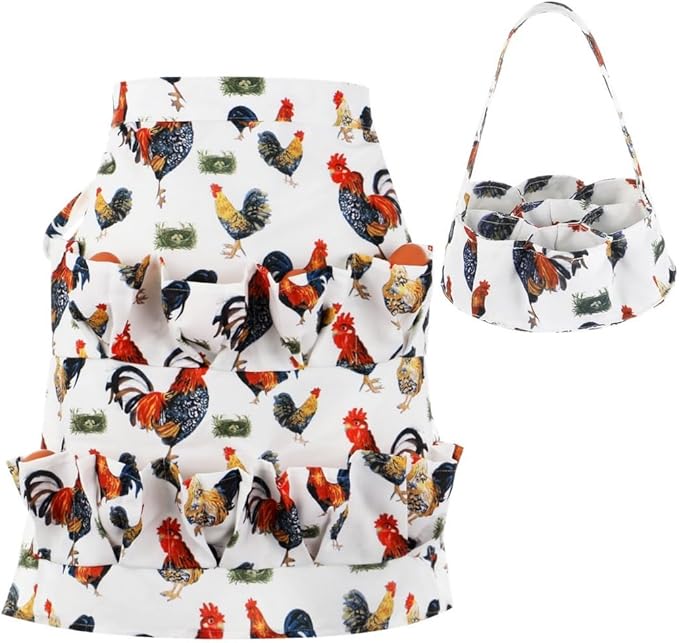 12-Pocket Egg Collecting Apron & 7-Pocket Basket, Canvas Egg Carriers for Duck, Goose, and Chicken Eggs, Farmhouse Kitchen