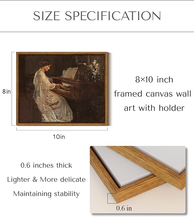 InSimSea Framed Canvas Wall Art Mid Century Lady Playing Piano Classical Painting Vintage Canvas Prints Wall Decor for Bedroom Bathroom Decor Retro Portrait Wall Art 8x10in