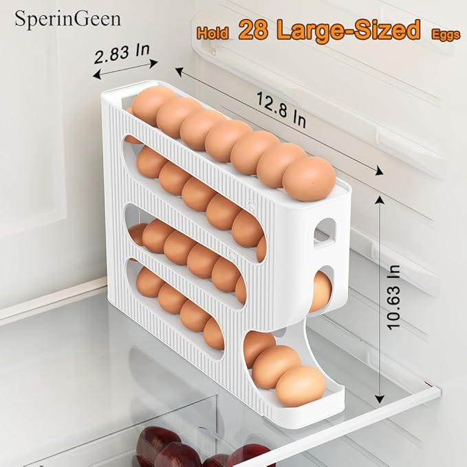 Automatic Rolling Down Egg Holder, SperinGeen 2 Pack Egg Organizer Storage for Refrigerator, Space Saving Container, Dispenser for Fridge - Only for "LARGE" Sized Eggs (Egg Roller Hold 56 Count)
