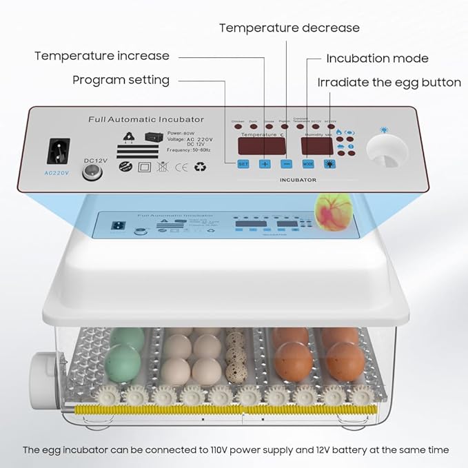 36 Egg Incubator with Auto Turner Humidity Monitor,Incubators for Chicken Duck Goose Pigeon – Digital Temperature Control, Built-in Egg Candler – Ideal for Home Farm Industrial Use (White)