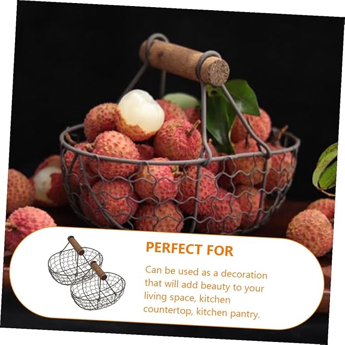 2pcs Farmhouse Style Wire Egg Basket with Wooden Handle, Small Metal Mesh Storage Basket for Kitchen Fruit, Bread, and Egg Organization in Gray Black