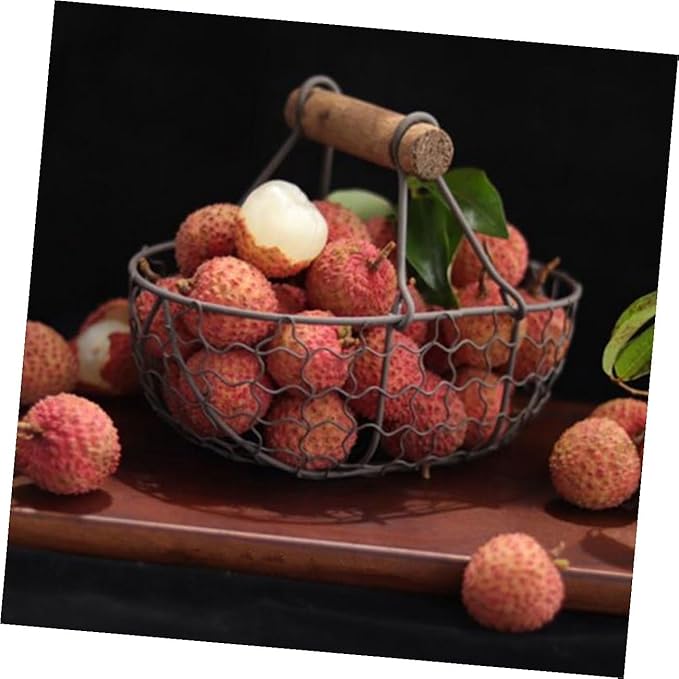 Garneck 2pcs Vintage Iron Storage Basket with Wooden Handles, Rustic Farmhouse Style Fruit and Bread Basket for Kitchen Countertop, Household Egg and Vegetable Organizer in Dark Gray