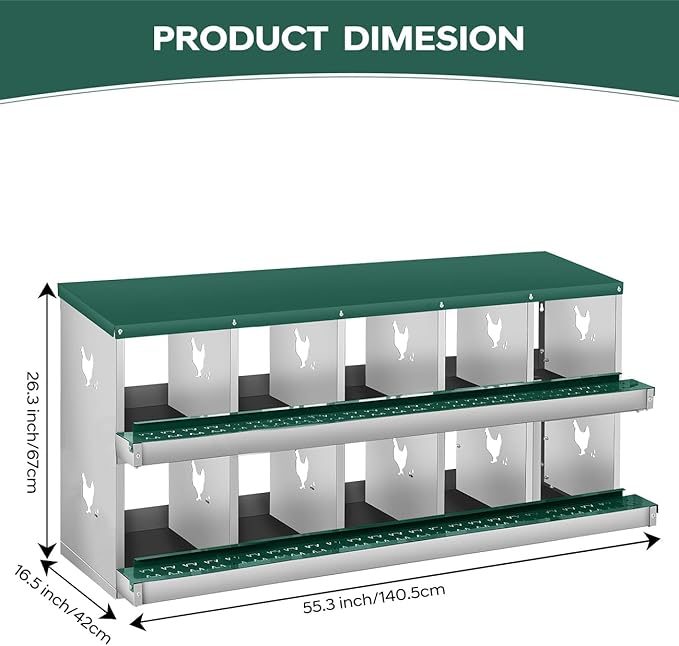 Space-Saving Durable Design - Metal Chicken Nesting Box for Small Animals - 10 Compartments, Wall Mountable, Easy Egg Collection, No Legs - Green, 10 Compartments, No Legs