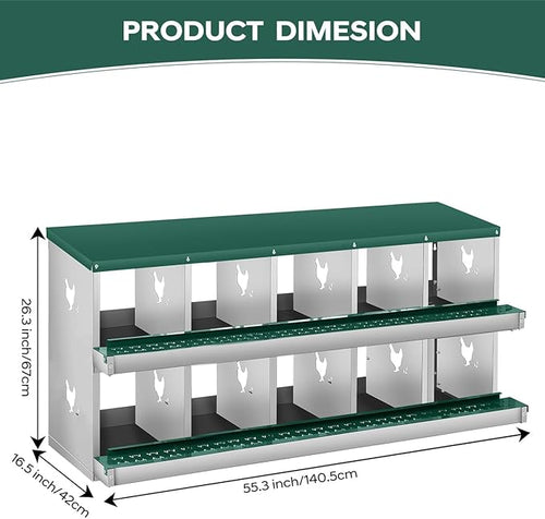 10-Hole Chicken Nesting Box, Rustproof Galvanized Steel, Wall-Mounted Metal Laying Box for Hens, Easy Egg Collection & Cleaning, Roll Away Nest Boxes - Green