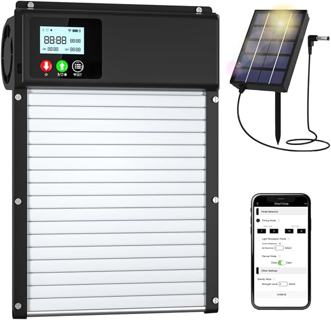 2025 Upgraded Solar Powered Automatic Chicken Door, WiFi Remote Control Chicken Coop Door, with LCD Display & Timer & Light Sensor, Chicken Door with Anti-Pinch Design