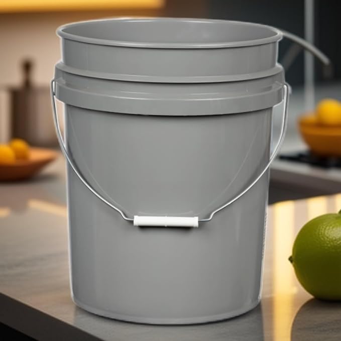 House Naturals 5 Gallon Food Grade Made in USA Plastic Bucket with Screw On Air Tight Double Gasket lid, (Pack of 3) (Gray Buckets - Aqua Lids)
