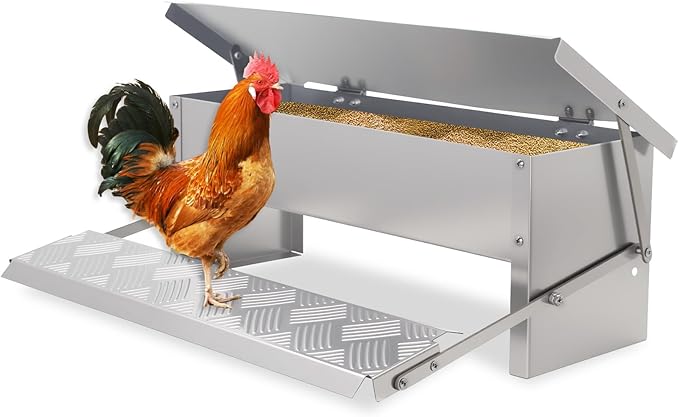 Automatic Chicken Feeder No Waste Large Poultry Stainless Steel with Weatherproof Lid Treadle Rat Proof Chicken Feeder Trough for Chicken Duck Gravity Food Dispenser