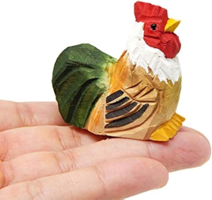Hand-Carved Wooden Rooster Figurine - Miniature Bird Art Statue Mini Carved Ornament Figurine Small Farm Animal, Rustic Carved Bird SculptureOrnament & Collectible Country Decor