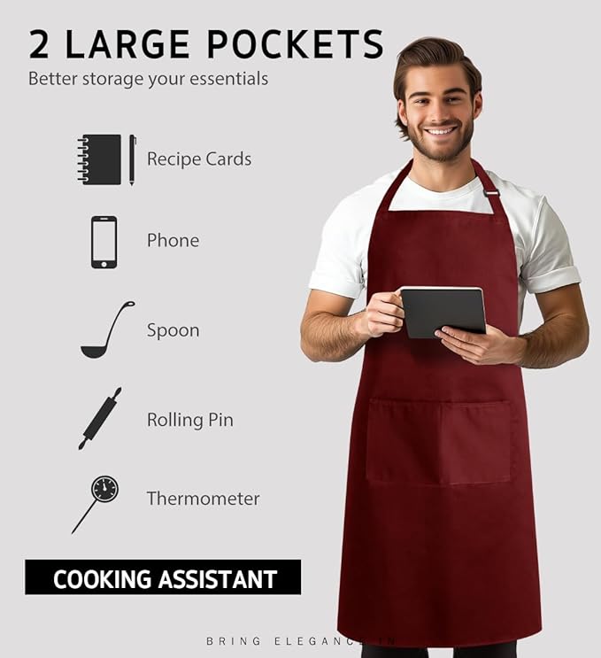 Syntus Adjustable Bib Apron with 2 Pockets Cooking Kitchen Aprons for Women Men Chef