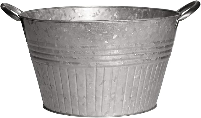Headwind Decorative Planter - Round Galvanized Tub Planter with Handles – 14 Inch Lightweight Metal Planter with Drainage Hole – Galvanized Steel Tub for Plants - Metal Flower Pot by Robert Allen