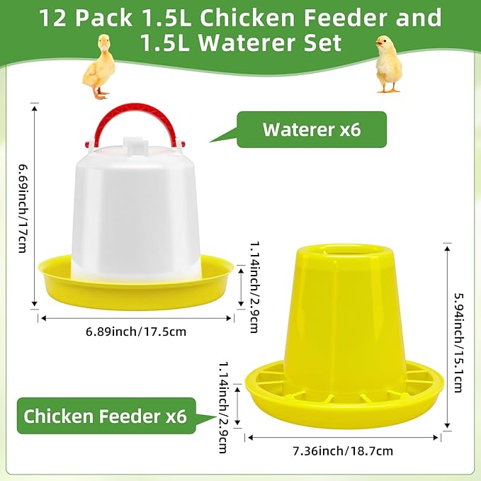 12 Pack 1.5L Baby Chicken Feeder and Waterer Set Top Bird Small Poultry Feeding for Pigeon Chick Drinker Duckling Quail Feeding Dispenser (Yellow)