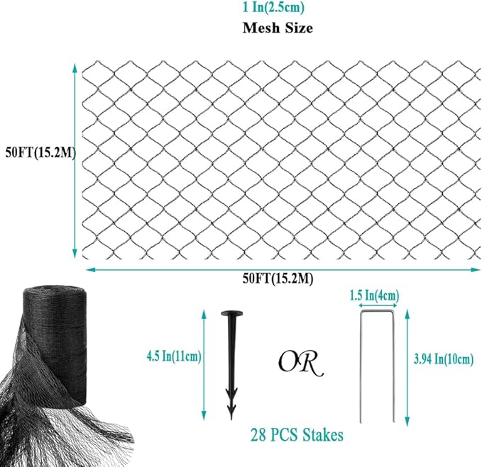 Koi Pond Netting for Leaves 50x50 Ft, 1 in Strong Woven Pond Leaf Net Cover, Protecting Koi Fish from Herons, Raccoons, Birds, Cats & Predators, 28 Pcs Stakes Included