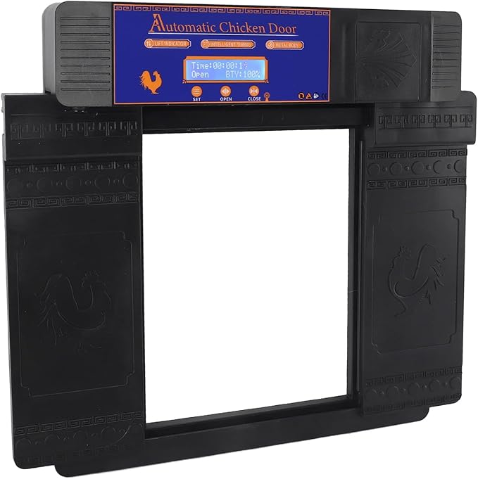 CHICIRIS Automatic Chicken Coop Door Opener, Intelligent Double Open with Timer LED Display Solar Powered, with Anti Pinch Function and Low Battery Alert, for Chickens Ducks Geese (Black)