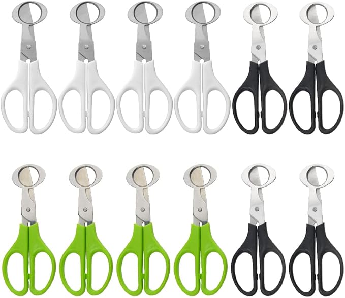 12Pack Stainless Steel Quail Egg Cutter Scissors Quail and Pigeon Egg Cutter Tool Quail Scissors Opener Quail Egg Cracker for Home Kitchen (Three Colors), Black+White+Grass (EGG-12P)