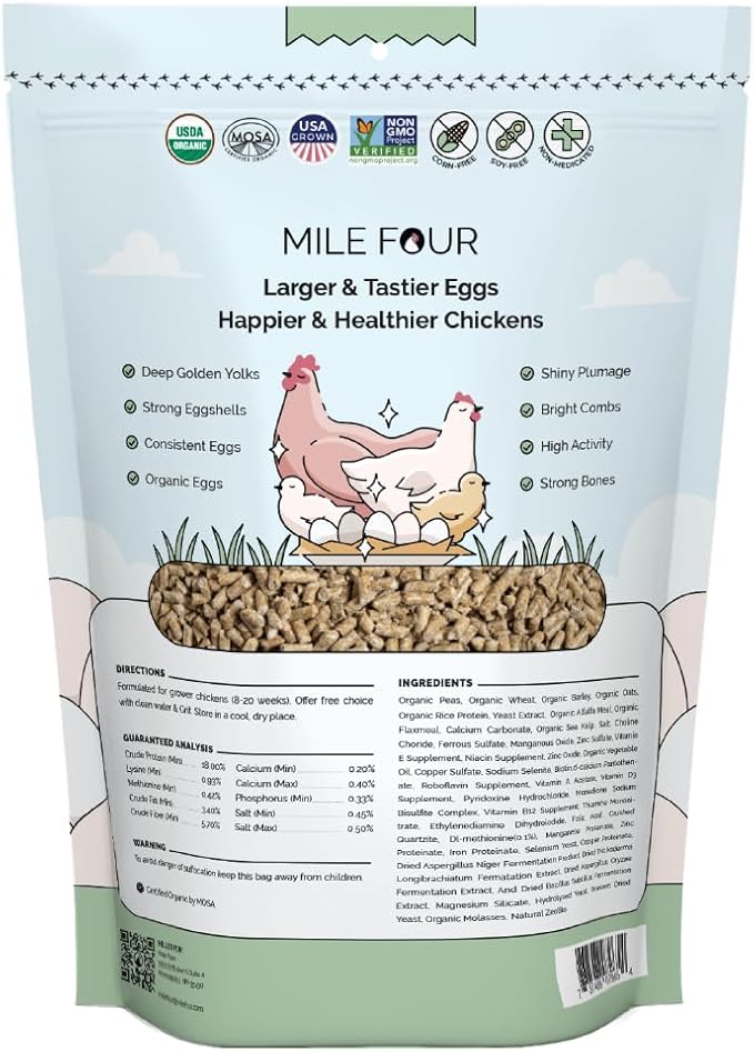 Mile Four Organic Chicken Feed – Grower Pellet, Non-GMO, USA Grown, 18% Protein, Corn-Free, Soy-Free, Non-Medicated Feed for Chickens, 2 lb Sample