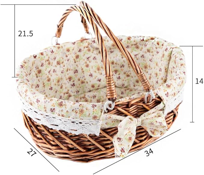 YRJJ Wicker Picnic Basket with Handles & Liner Oval Empty Gift Basket Willow Woven Easter Eggs & Candy Storage Basket Fruit Serving Basket Kids Blanket Toy Organizer, 1