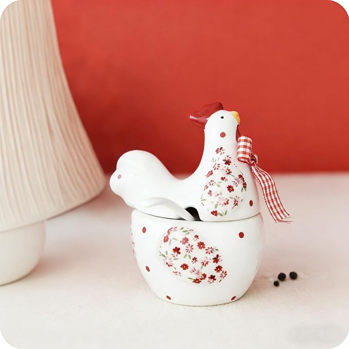 Chicken and Flower Pattern Ceramic, Rooster Shape Sugar Jar with Lid and Spoon, Rural Easter Kitchen Decor for Food Storage, Spring Farmhouse Countertop Container (1 Pc)