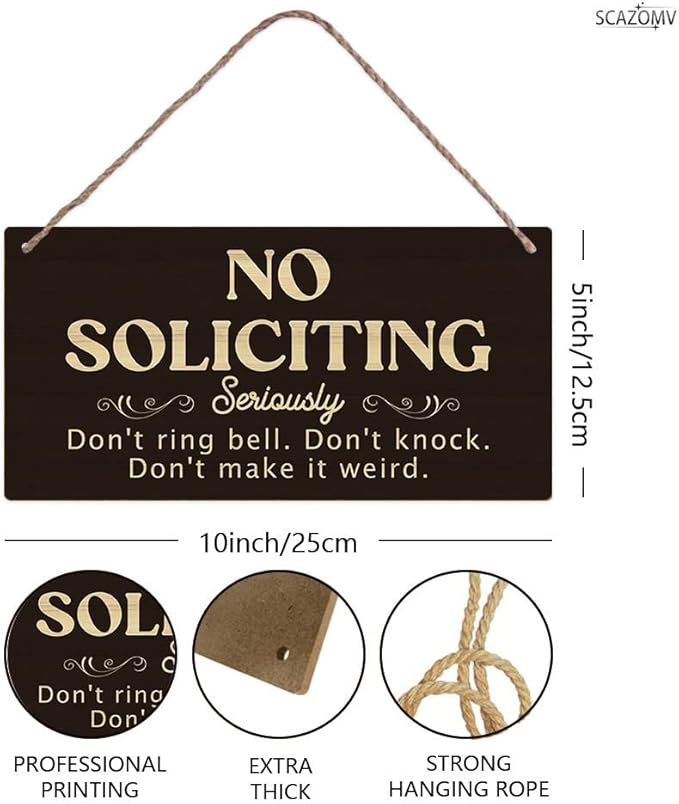 SCAZOMV No Soliciting Wood Sign Decor Don't Ring Bell Don't Knock Don't Make It Weird Funny Rustic Wood Front Door Sign Vintage Wall Hanging Plaque Porch Yard Home Farmhouse Decor 10''x 5''