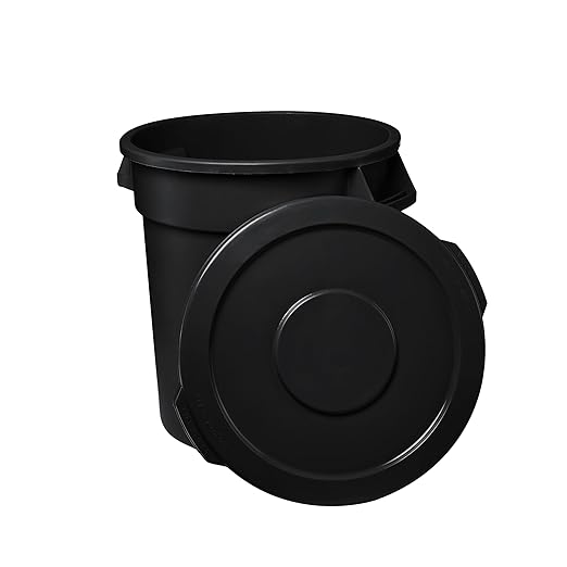 Feed and Seed Storage Container, 44 Gallon Black Round Commercial Trash Can and Lid, Food Storage Plastic Bin, Use in Agricultural, Gardening, or Household