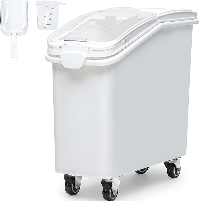 DWVO 21 Gal Large Ingredient Storage Bin, Flour Rice Food Storage Containers Bin with 500 Cups, Commercial Bins with 360° Wheels, Scoop and Lid for Kitchen, White