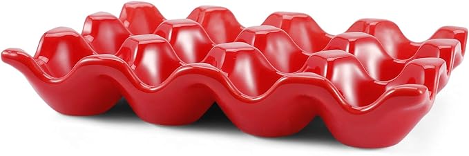 Flexzion Ceramic Egg Holder for Fridge - 12 Cups Egg Tray Whole Dozen Porcelain Container Keeper Storage Organizer Decorative Serving Stand Serveware for Countertop Display Kitchen (Red)