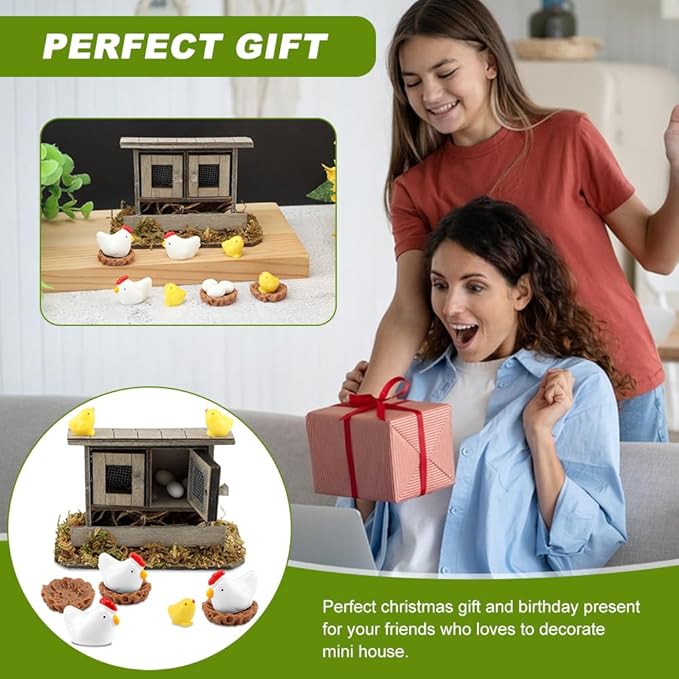 Miniature Chicken Coop Set - 13-Piece Farm Decor Kit with Hens, Chicks, Eggs & Nests for Fairy Gardens, DIY Mini Landscapes & Party Decor