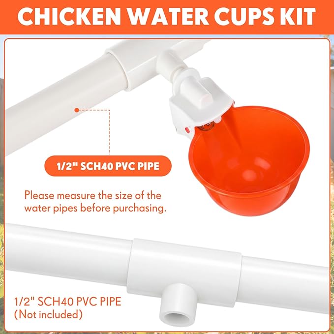 LemonRoad 30 Set Automatic Chicken Waterer Cups with 1/2" PVC Tee Fitting Chicken Drinking Bowl, Poultry Drinker Mounting Hole Opener,Water Dispenser Feeder for Duck, Goose, Turkey, Pigeon(Orange)