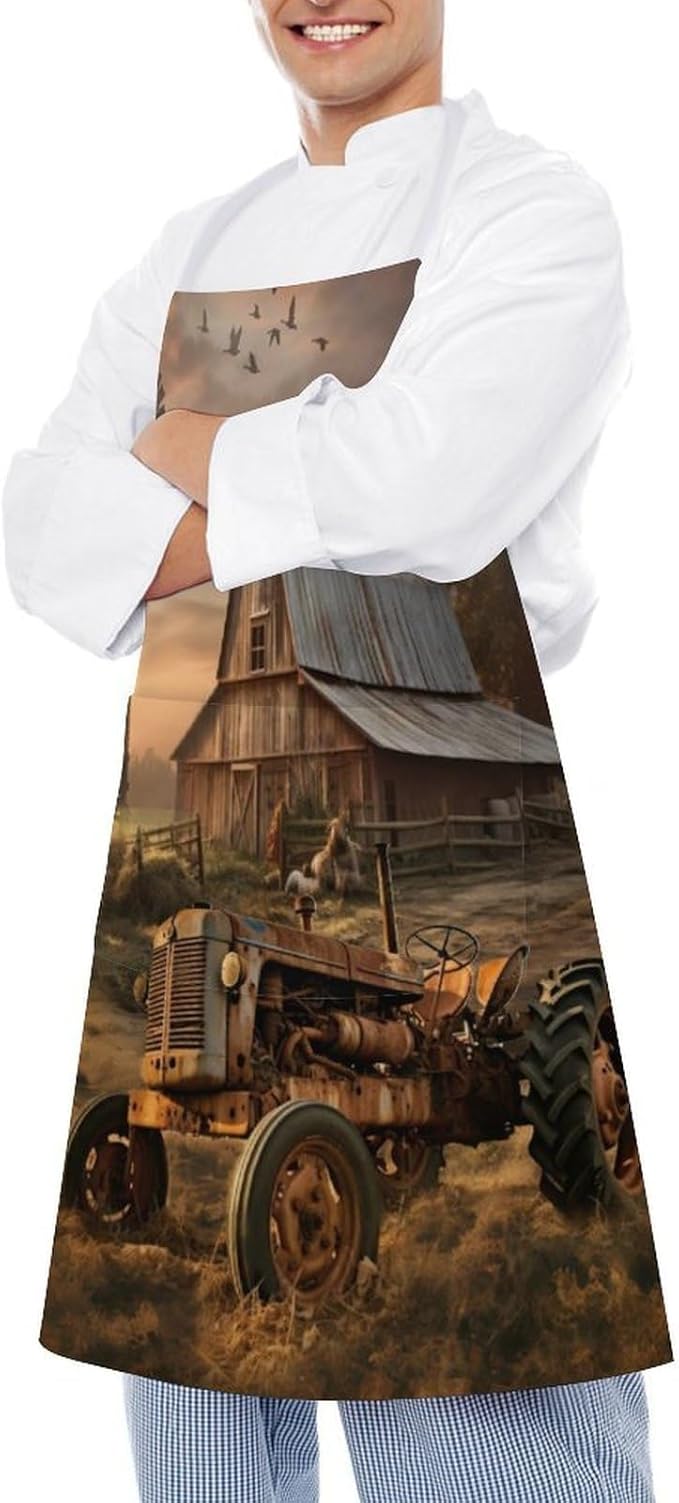 Vintage Watercolor Old Tractor Kitchen Apron, Oil Painting Western Farmhouse Harvest Farm Sunflower Tractor Apron