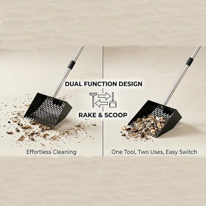 2-in-1 Rake & Scoop Chicken Poop Scooper 10 Inch Metal Head with Rust-Proof Handle for Coop Cleaning Litter Sifting