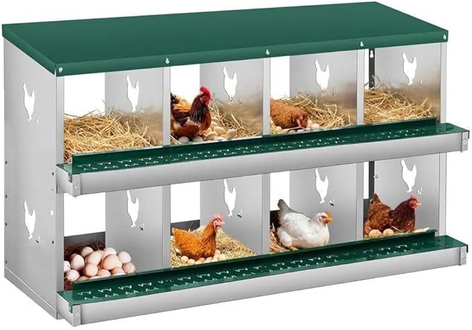 Nesting Boxes for Chickens, 8 Compartments, Nesting Boxes with 4 Dummy Eggs and 10 Dampproof Pets Mats, Green, Stainless Steel, Wall-Mountable & Roll Away Design