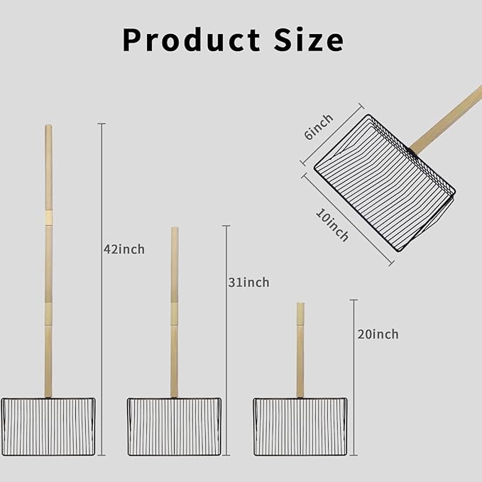 Chicken Poop Scooper - 3 in 1 Chicken Coop Litter Scoop with (20 to 42" Long) Wooden Handle, Stainless Steel Chicken Coop Cleaning Tool for Chicken Coop Accessories