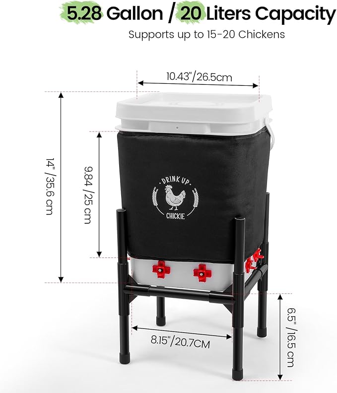 5 Gallon Heated Chicken Waterer with Stand – 20L Poultry Waterer Feeder Set, 8 Drinking Nipples + 4 Extras – Anti-Freeze, No Leak, Easy to Fill & Clean – Chicken Coop Accessories for 15–25 Chickens