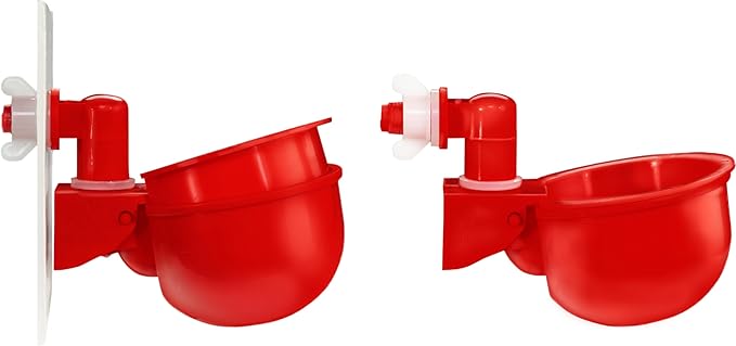 RentACoop DIY Waterer Kit - Auto-Fill Cups with Inserts - Great for Chickens, Ducks, Geese, Turkeys, Peafowl, and Quail - 2 Pack + 1 Bonus Cup Included (Red, Pack of 2)