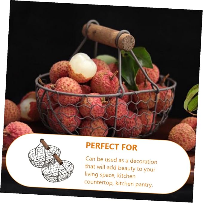 Alipis 2pcs Vintage Style Iron Wire Fruit Basket with Wooden Handle, Multi-function Kitchen Storage Organizer for Bread and Eggs, Decorative Metal Wire Basket for Home Countertop