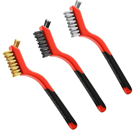 Wire Brush Set (3-Pack) for Precision Cleaning – Brass, Nylon & Stainless Steel Brushes for Rust Removal, Delicate Surfaces & Tight Spaces – 7-Inch Curved Handle