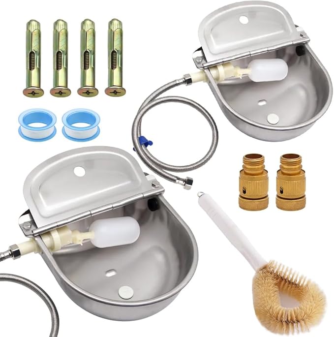 Automatic Animal Drinking Water Bowl with Float Valve and Drainage Hole, 304 Stainless Steel Livestock Dispenser Waterer Kits Included Water Hose, 3/4''Adaptor, Float Valves Mounting Bolts (2 Sets)
