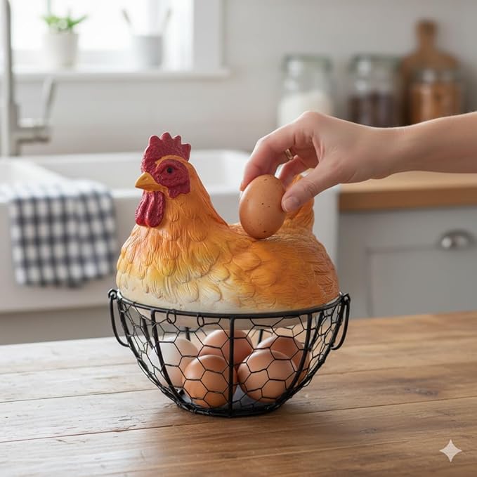 Chicken Egg Basket, for Farmhouse Kitchen Decor – Rustic Wire Egg Basket with Handle, Rooster Decorative Holder, Vintage Farmhouse Decor, Fruit Basket for Kitchen Counter