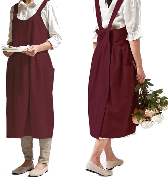 NEWGEM Cotton Linen Cross Back Apron for Women with Pockets Cute Kitchen Cooking Painting Aprons Purplish Red