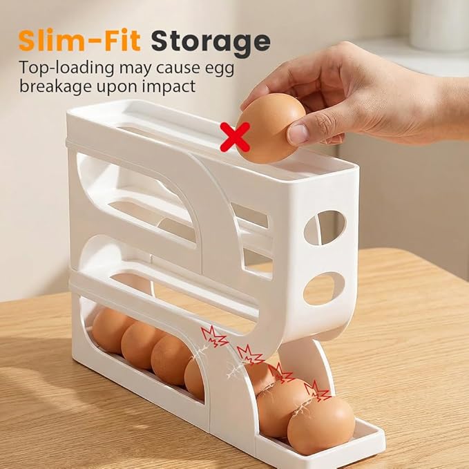 Auto Rolling Egg Holder for Fridge, 4-Tier Egg Dispenser Organizer Holds 28 Eggs, No Assembly Space-Saving Egg Storage Rack for Refrigerator & Countertop (Transparent)