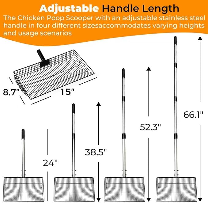 Chicken Poop Scooper for Sand, 15-Inch Large Adjustable Metal Chicken Poop Scooper, Chicken Manure Scoop is Suitable for Cleaning Chicken Coops, Stables, Cat Litter Boxes, Pastures