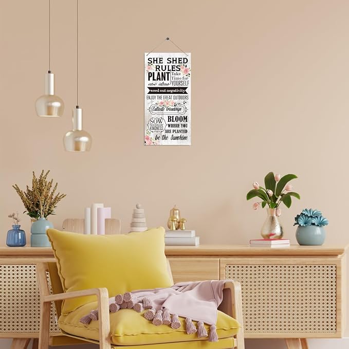 Inspirational Wood Sign, She Shed Rules Plant New Ideas Sign, Girls Room Decor, Bedroom Wall Decor, Office Decor, Decorative Wood Hanging Wood Plaque, Encouragement Gift for Her Women Friends