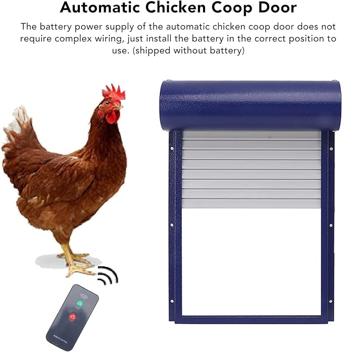 Automatic Solar Powered Chicken Coop Door with Light Sensing and Timer, Metal Iron Auto Chicken House Protection Door for Duck Goose, Remote Control, with LED Clear Dosplay (Blue)