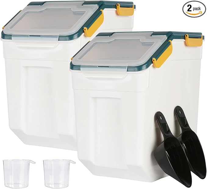 Saim Flour Storage Container Bin 25lbs (2 Pack), BPA Free Rice & Food Dispenser with Lid, Measuring Cup & Scoop - Kitchen Pantry Organizer for Grain, Cereal, Dog Food, Baking Supplies - Dark Blue