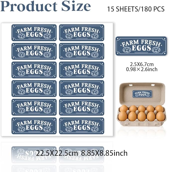 180 Pcs Farm Fresh Eggs Carton Labels, 2.6 x 0.98 in Rectangular Retro Style Blue Tones Unwashed Eggs Labels Self-Adhesive Egg Packaging Stickers for Chicken Egg Box Container Farm Supplies