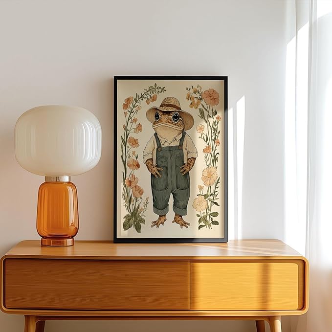 Nursery Animal Canvas Wall Art, Toad In Overalls Poster, Rustic Frog and Wild Flowers Painting, Cozy Folk Art Print, Farmhouse Animal Botanical Floral Painting for Kids Room 12x16in Unframed