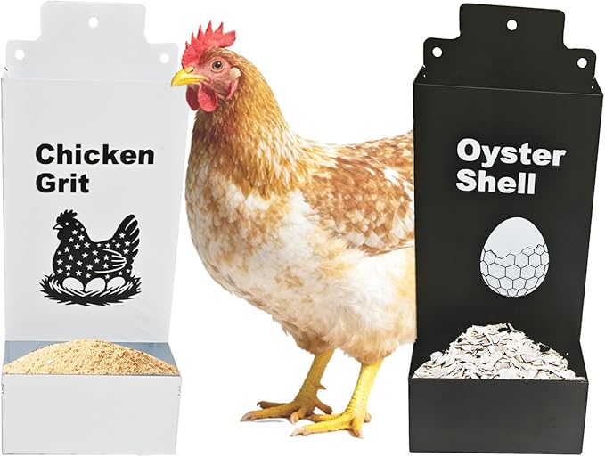 Automatic Chicken Oyster Shell and Grit Feeder, Spill-Proof Hanging Gravity Poultry Feeding Equipment, Metal Chicken Feeder 2Pack (Black & Red) (Black and White)