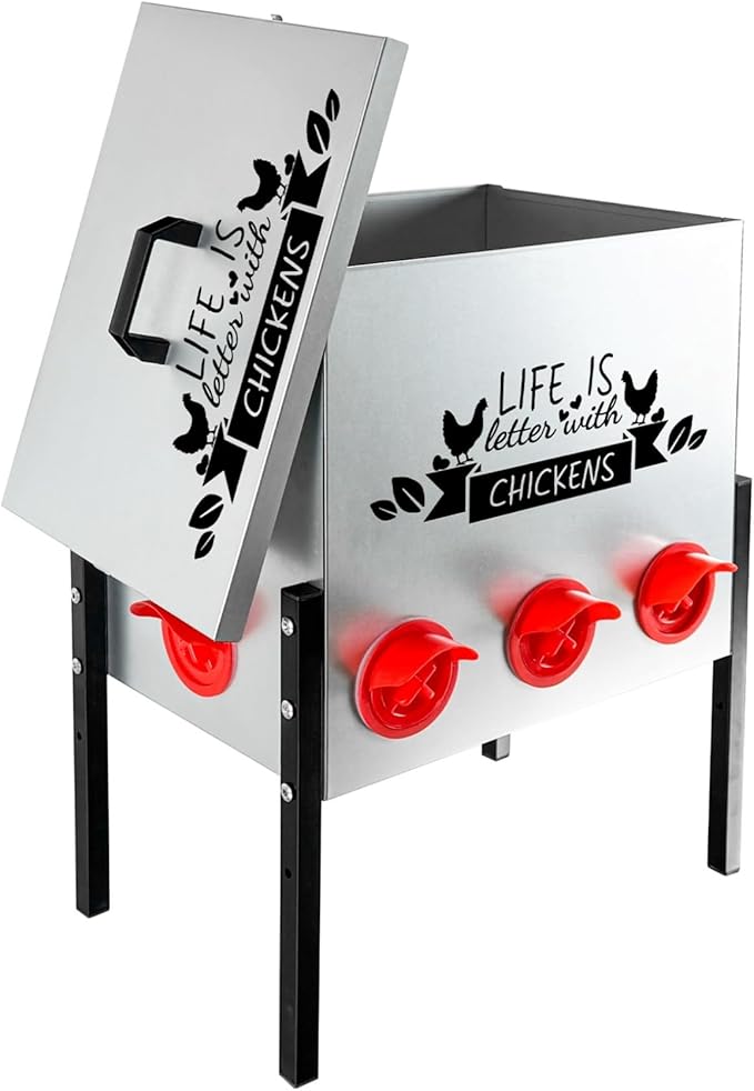 50LB Automatic Chicken Feeder with 8 Ports No Waste Galvanized Metal Poultry Feeder Outdoor Chicken Feeder Box with Adjustable Height Legs and Locking Lid for Chickens Ducks Geese Silver