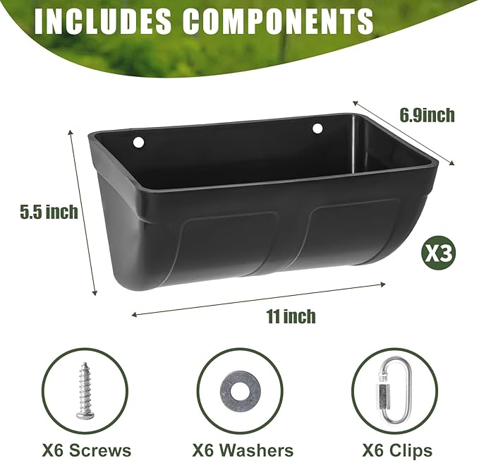 3 Pack Hanging Chicken Feeder Waterer Trough 4 Quart, Goat Feeding Supplies, Coop Fence Feeder, Feed Bucket & Water Container with Clips for Chicken Duck Piglet Sheeple Dog Livestock Poultry (Black)